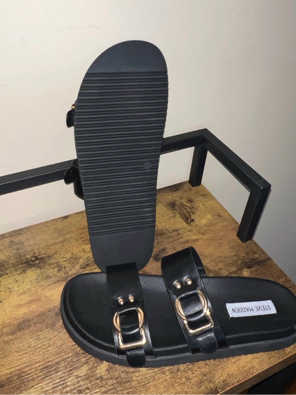Steve Madden Black Slide Sandals with Gold Buckles - Picture 4 of 4